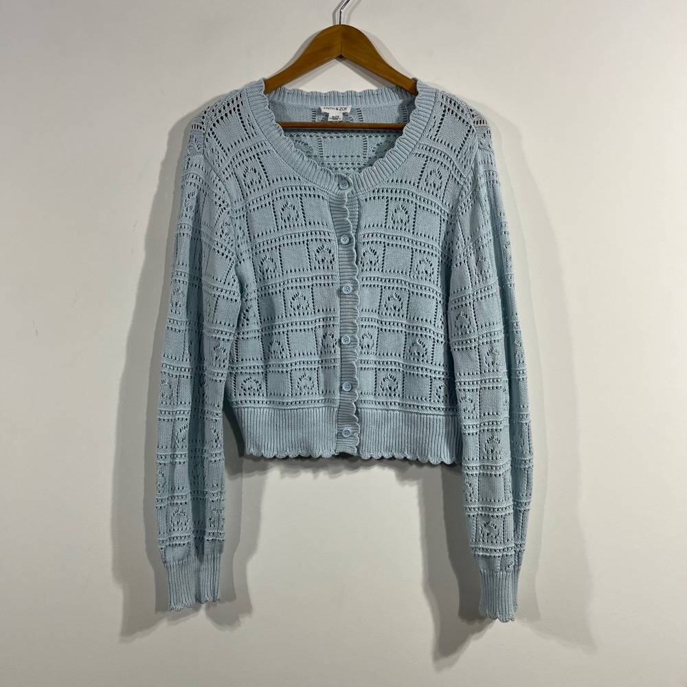 Faith & Zoe Coquette Preppy Pointelle Knit Cotton Cardigan Sweater Scalloped XL